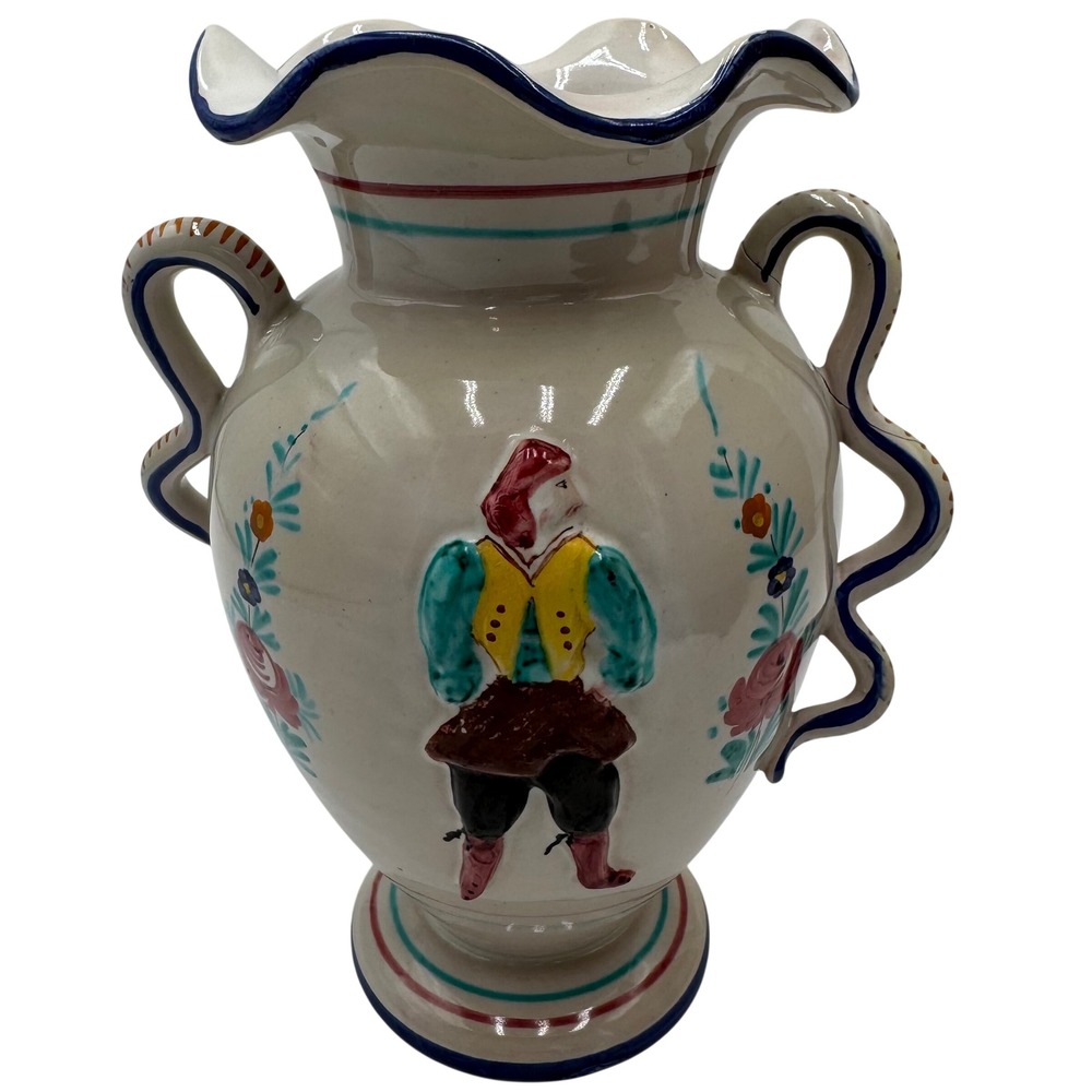 Vintage Italian Ceramic Vase Decor Hand Painted Folk Art Double Handle Italy